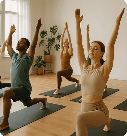 People in the urora stretch their arms up on their legs
